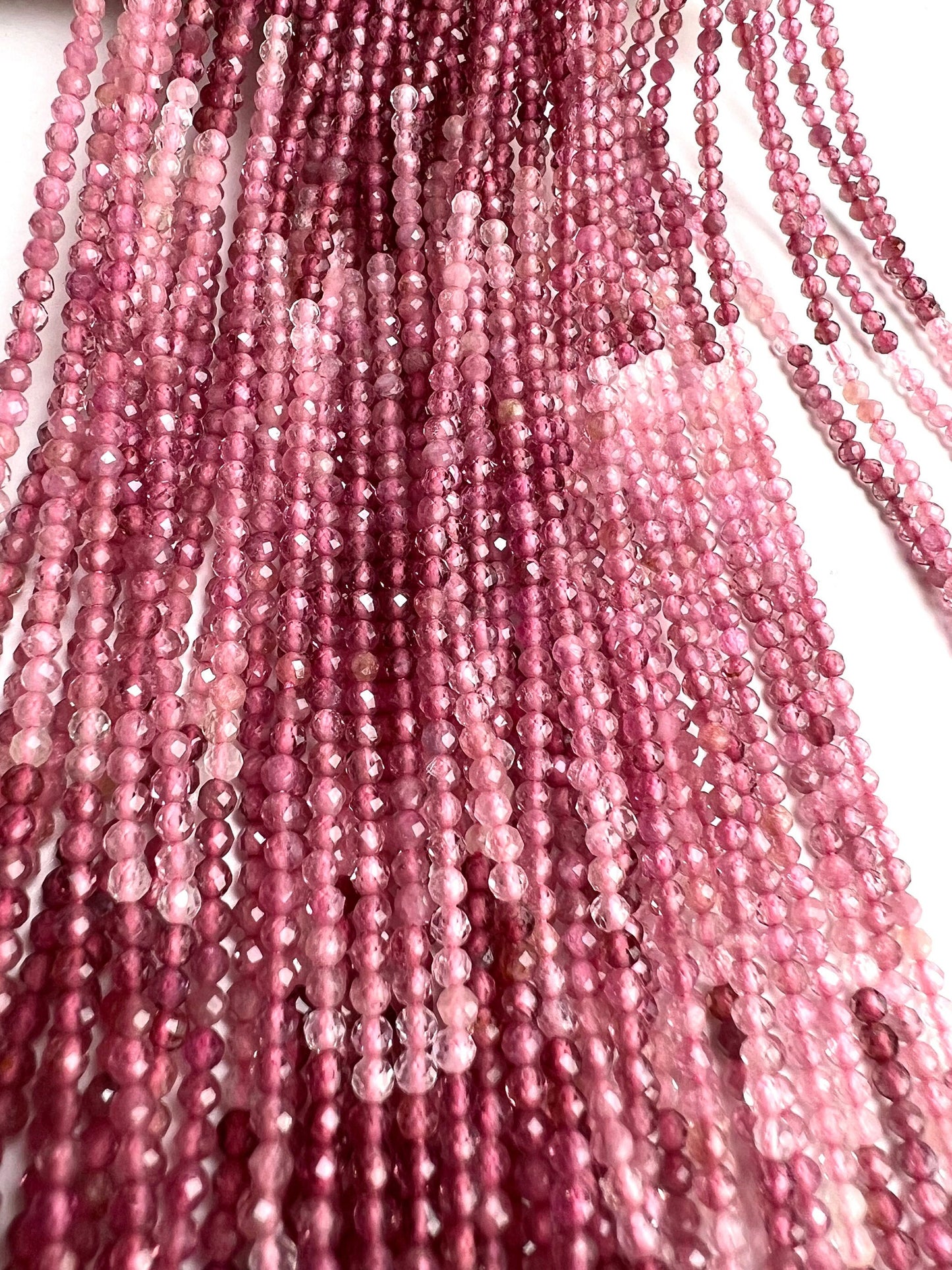 Natural Pink Tourmaline 2.5mm ombré pink shaded Faceted Diamond Micro Cut Round 12.” Strand