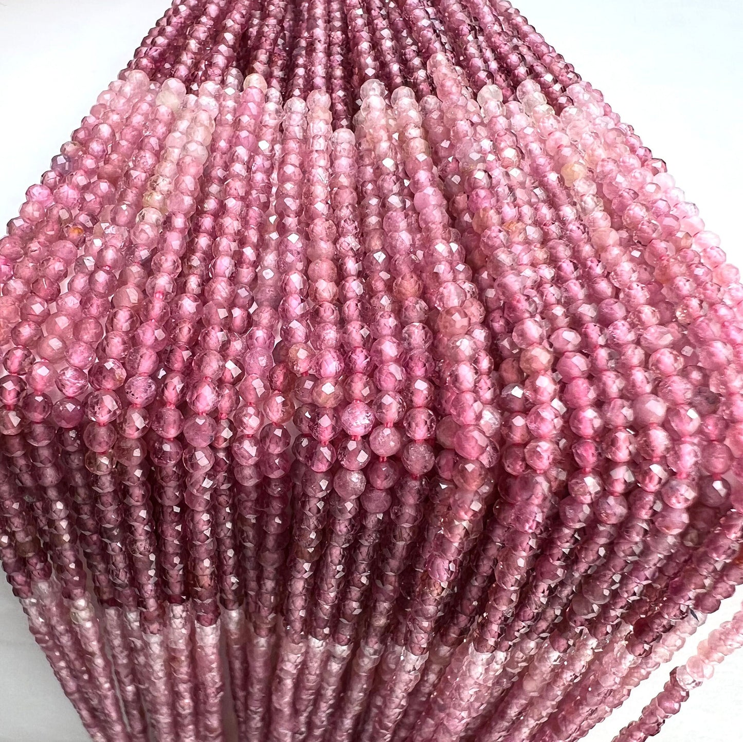 Natural Pink Tourmaline 2.5mm ombré pink shaded Faceted Diamond Micro Cut Round 12.” Strand