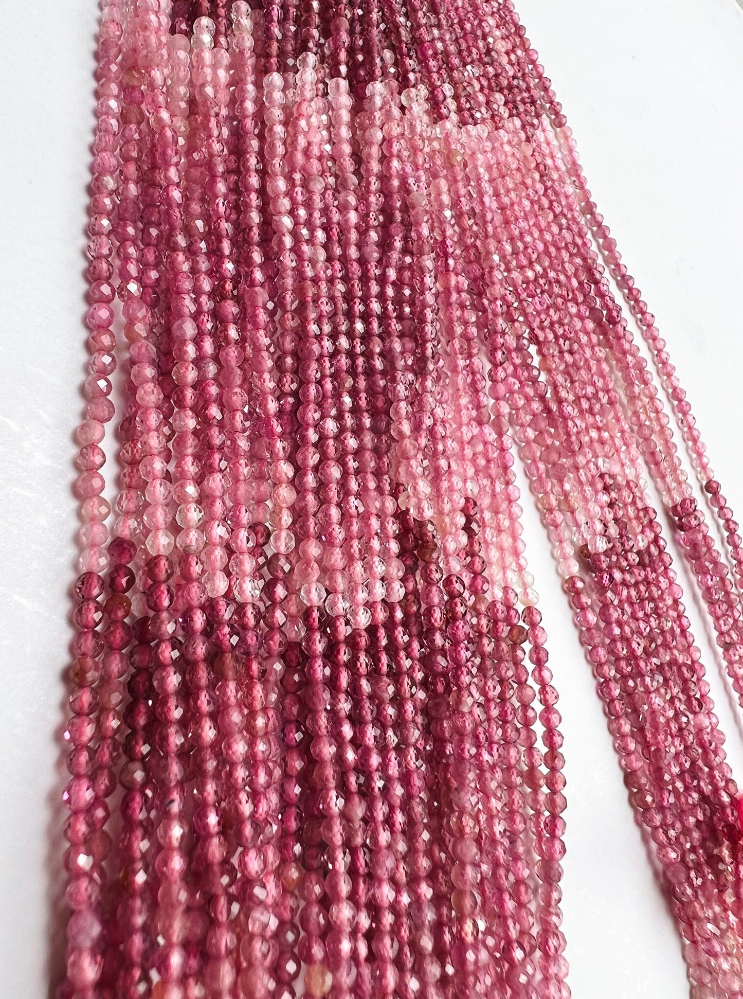 Natural Pink Tourmaline 2.5mm ombré pink shaded Faceted Diamond Micro Cut Round 12.” Strand