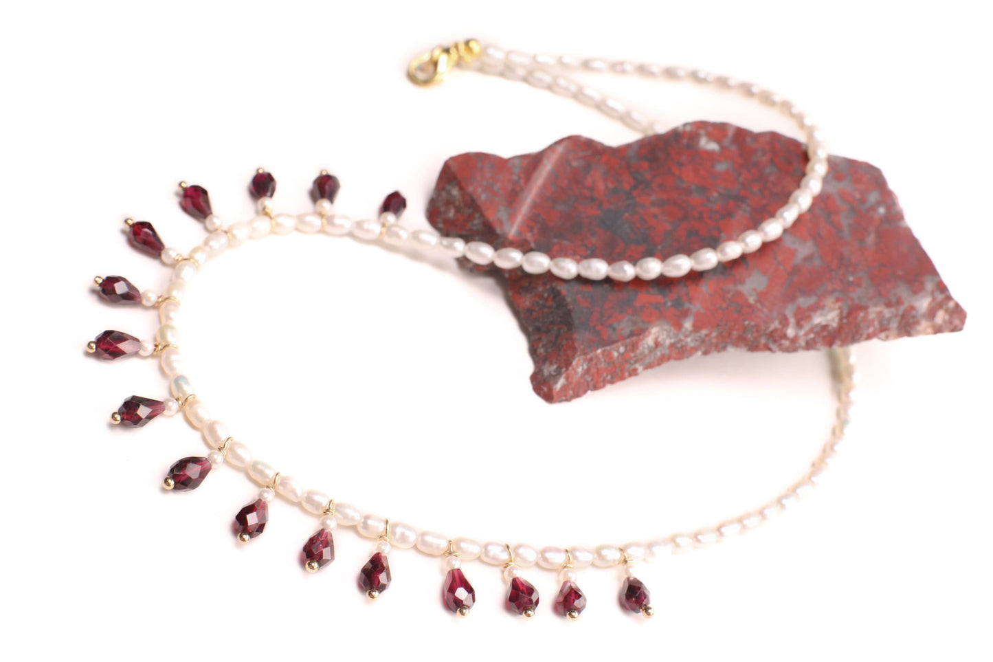 Genuine Freshwater Pearl and Garnet Wire Wrapped Drop Handmade Bib Necklace. Available in Gold or Silver. Gift For her