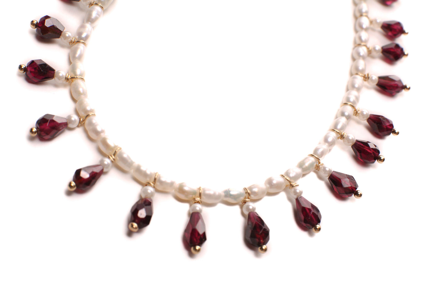 Genuine Freshwater Pearl and Garnet Wire Wrapped Drop Handmade Bib Necklace. Available in Gold or Silver. Gift For her
