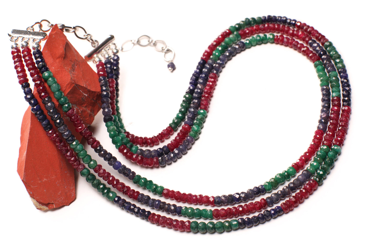 Ruby Sapphire Emerald 3 Line Necklace 4.5-5mm 17" Necklace with 3" Rhodium Lobster Extender Clasp Extender 315cts