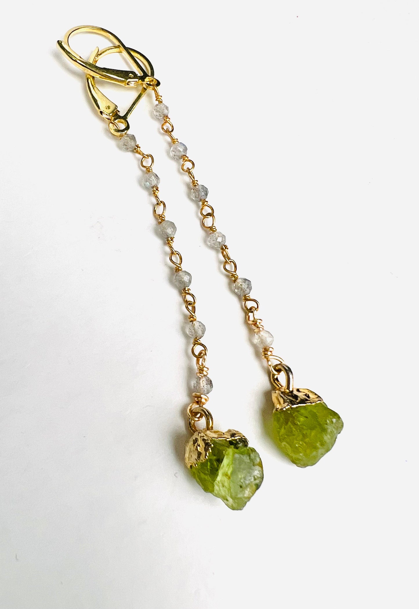 Raw Peridot 8mm dangling with labradorite faceted wire wrapped chain, Long Earrings, 22k gold vermeil Gifts raw healing crystal