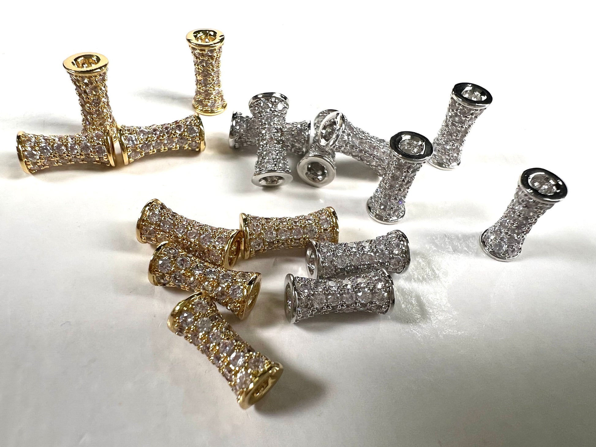 Cubic Zirconia CZ diamond Micro Pave dog bone drum tube spacer pendant center piece 4.5x9.5mm long. 1 piece