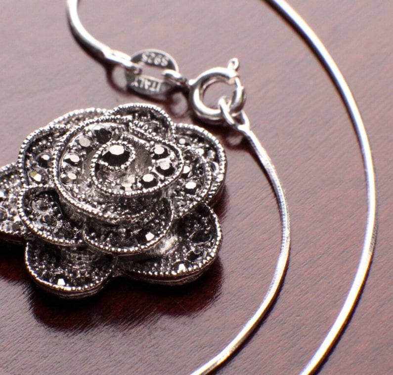 Vintage Marcasite 925 Sterling Silver Rose Pendant 20mm with 925 Sterling Silver Snake Chain necklace