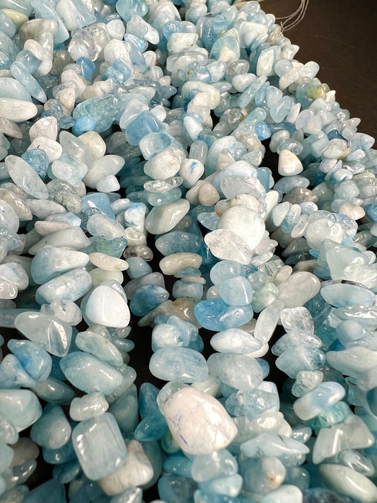 Aquamarine raw Freeform smooth nugget chip 4-8mm bead. 15” strand natural gemstone