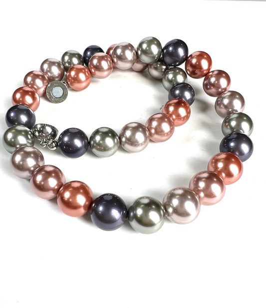 Multi Color 12mm South Seashell Pearl mag ball clasp Necklace, soft pink, blue,teal green color bridal Evening wear, party, Elegant gift