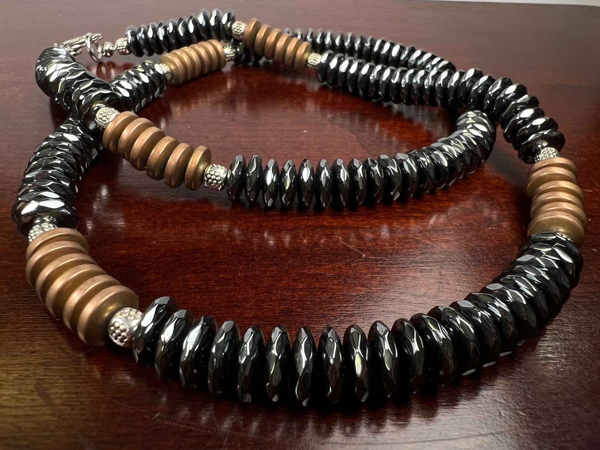 Black Hematite and Antique Gold Matte Hematite Bali spacer Men Necklace. Man’s gift energy protection