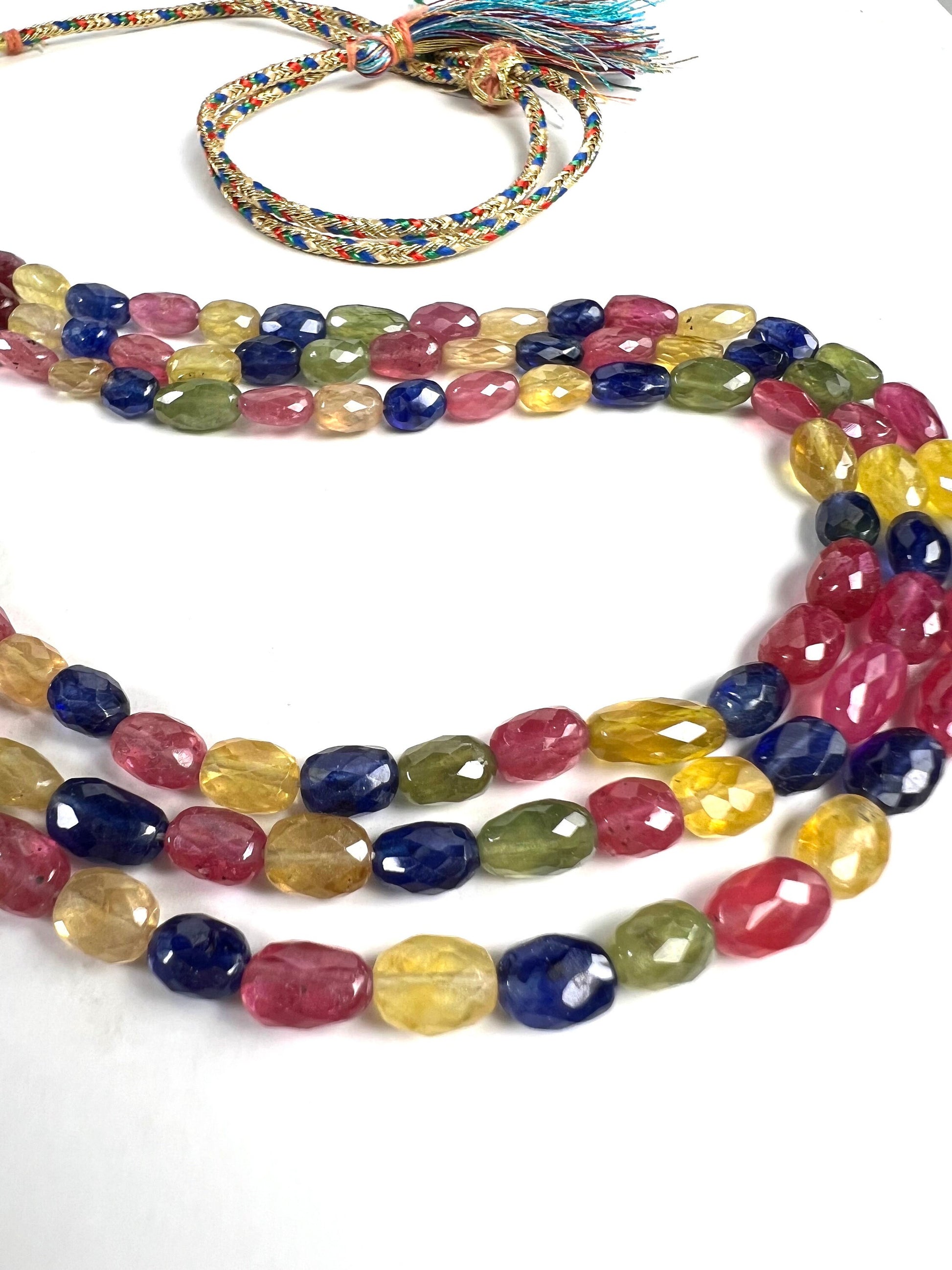 Natural Multi Sapphire Faceted oval 7-10mm Gemstones 3 Line Layer Adjustable thread Necklace 16”-18”" necklace 362cts