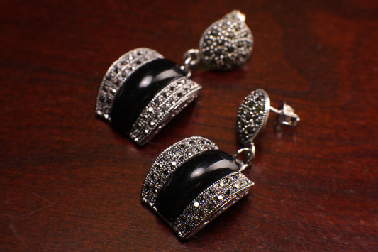 Marcasite Black Onyx Earrings 925 Sterling Silver Post, Vintage, Antique Marcasite Earrings Gift for her