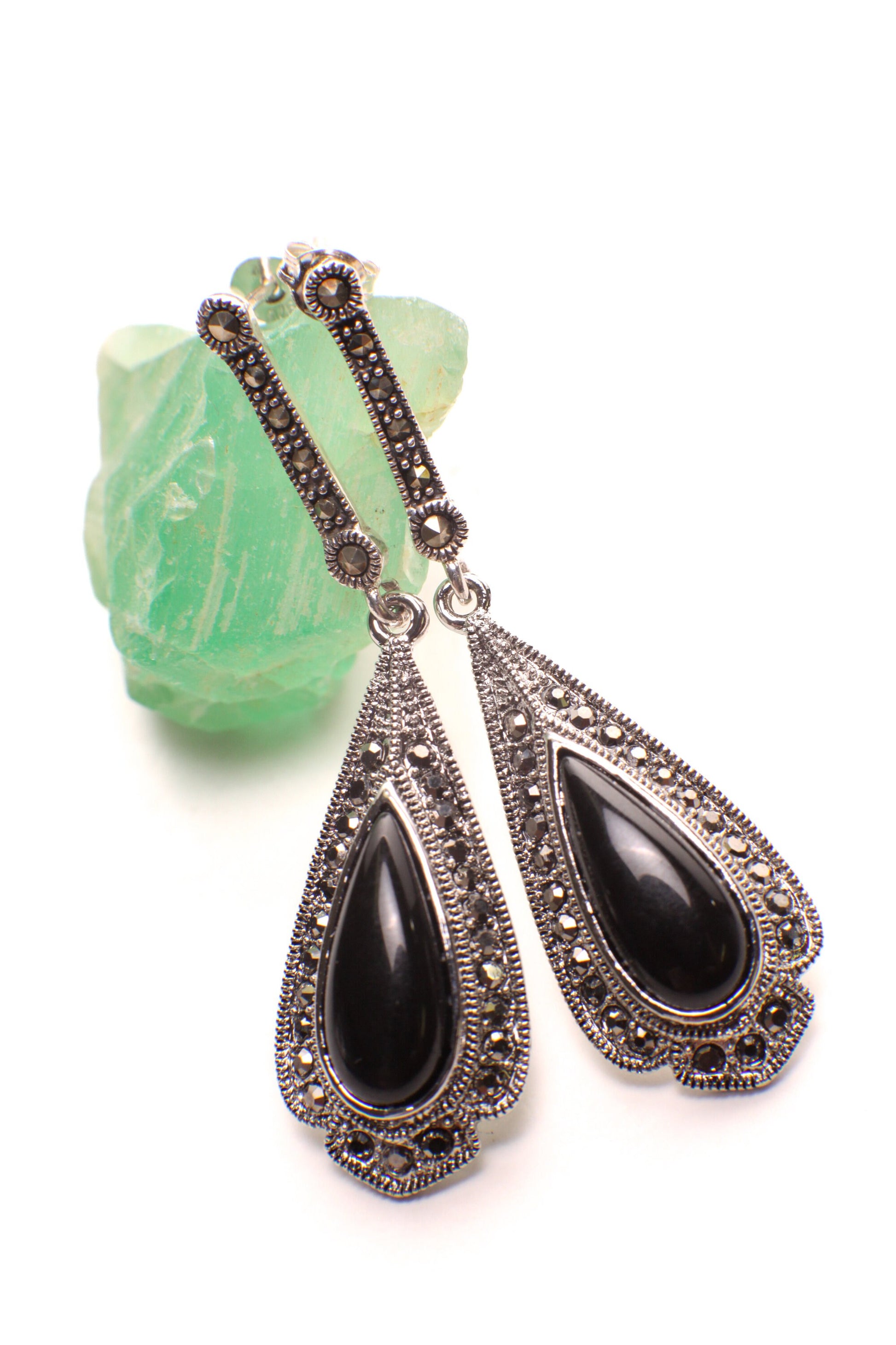 Marcasite 925 Sterling Silver Post Earrings, Teardrop Dangle Black Onyx, Vintage, Antique Marcasite Earrings Gift for her