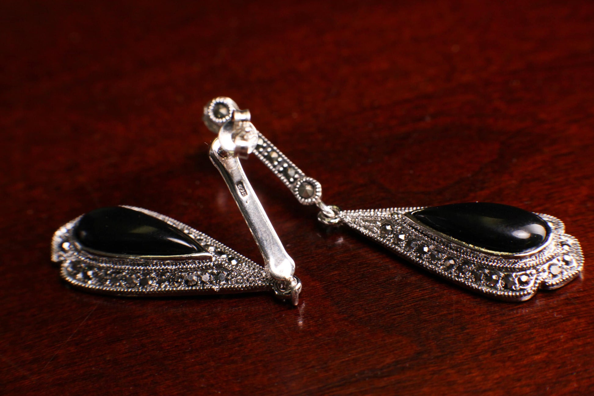 Marcasite 925 Sterling Silver Post Earrings, Teardrop Dangle Black Onyx, Vintage, Antique Marcasite Earrings Gift for her