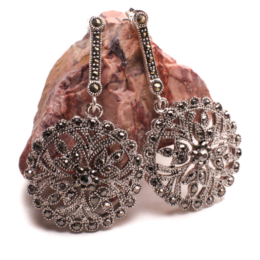 Vintage Marcasite 925 Sterling Silver Large Fancy Flower 31mm Post dangling earrings. 925 stamped