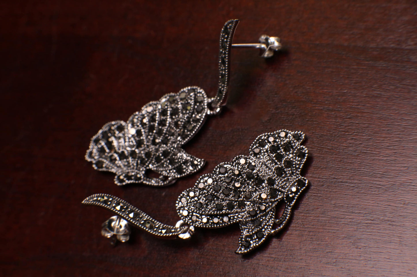 Vintage Marcasite 925 Sterling Silver large Butterfly 17x44mm Fancy Post Earrings, Vintage, 925 Stamped Antique Gift for her