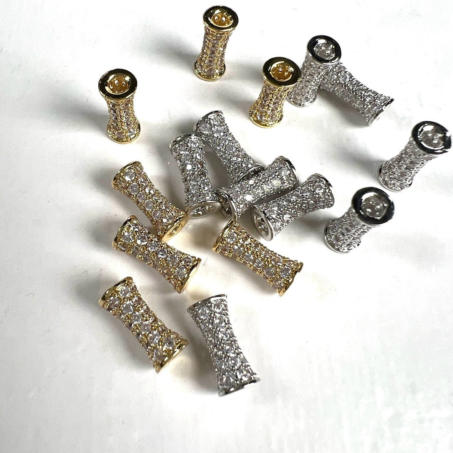 Cubic Zirconia CZ diamond Micro Pave dog bone drum tube spacer pendant center piece 4.5x9.5mm long. 1 piece