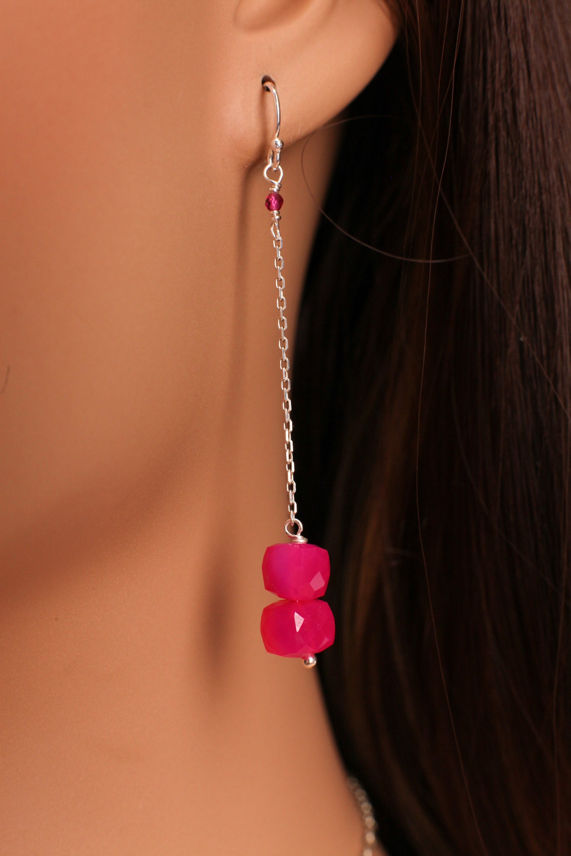 Hot Pink Chalcedony 7.5-8mm Cube 925 Sterling Silver Matching Earrings Set, Beautiful Fuschia Hot Pink Valentines, Girlfriend gift