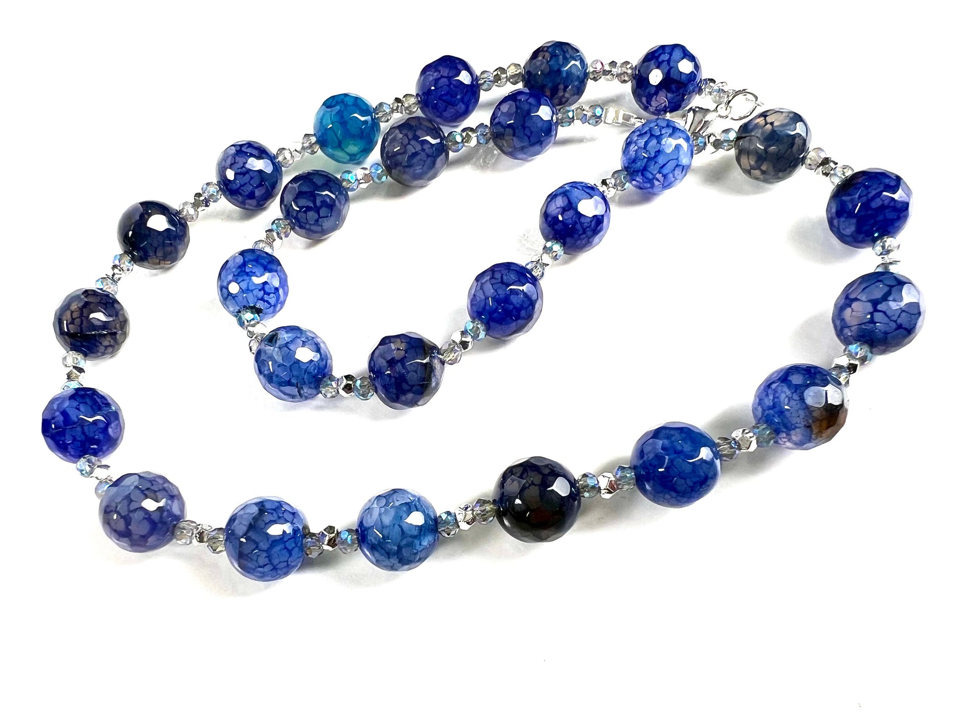 Faceted Fire Agate Natural Blue Round Bead Gemstones Necklace Silver spacer and clasp with optional 2" Extender