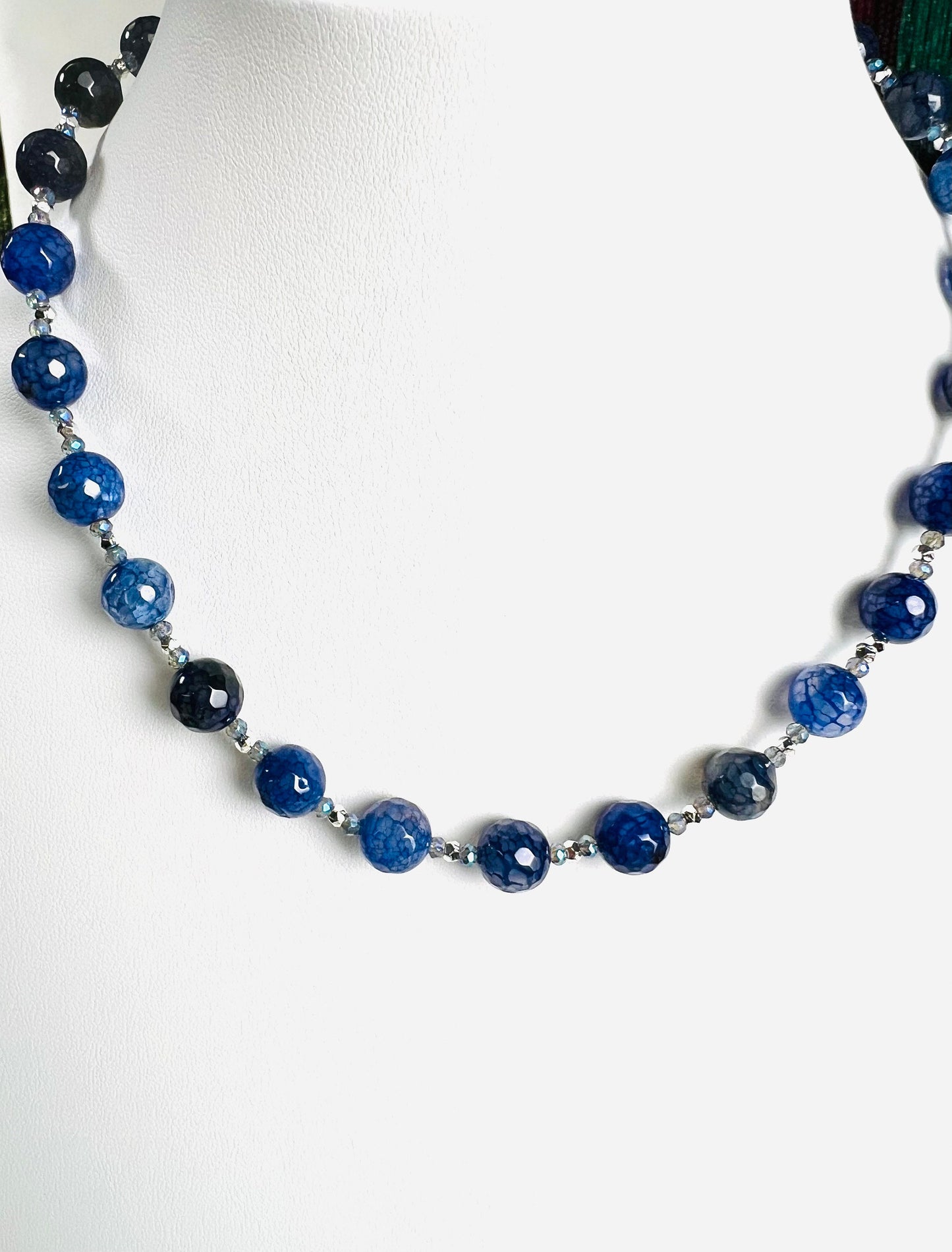 Faceted Fire Agate Natural Blue Sapphire 8mm Round Bead Gemstones Necklace Silver spacer and clasp with optional 2" Extender