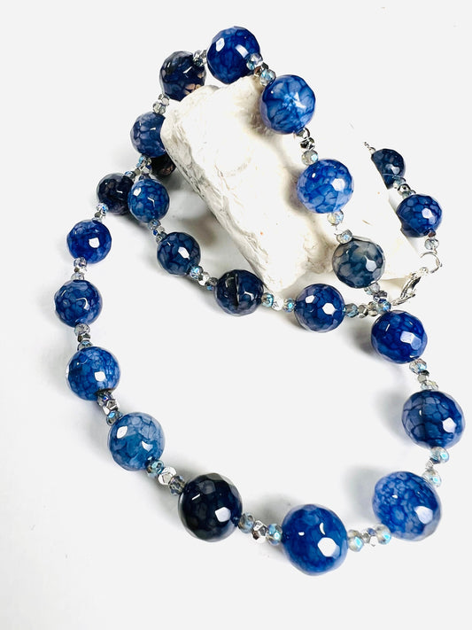 Faceted Fire Agate Natural Blue Sapphire 8mm Round Bead Gemstones Necklace Silver spacer and clasp with optional 2" Extender