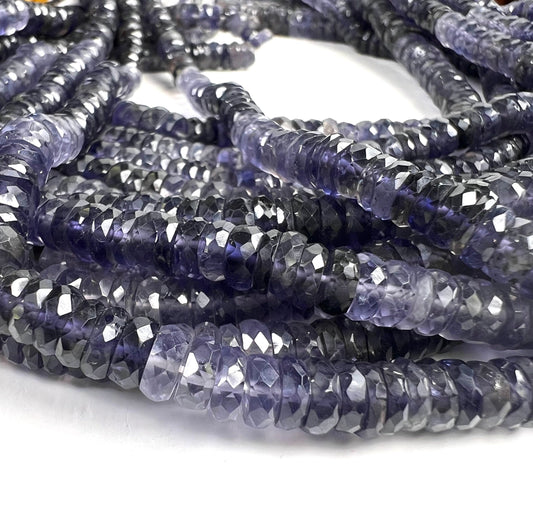 Natural Iolite Micro Faceted heishi wheel tyre beads, shaded denim blue beautiful Rare Gemstone 6.5-8mm Jewelry making beads 6”,12”