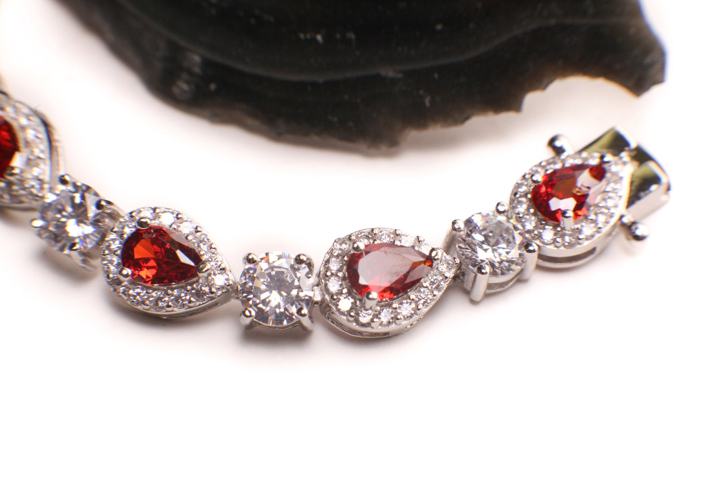 Garnet Teardrop shape Prong Setting CZ Diamond 925 Sterling Silver Tennis Bracelet with double Safety Lock 7.5"