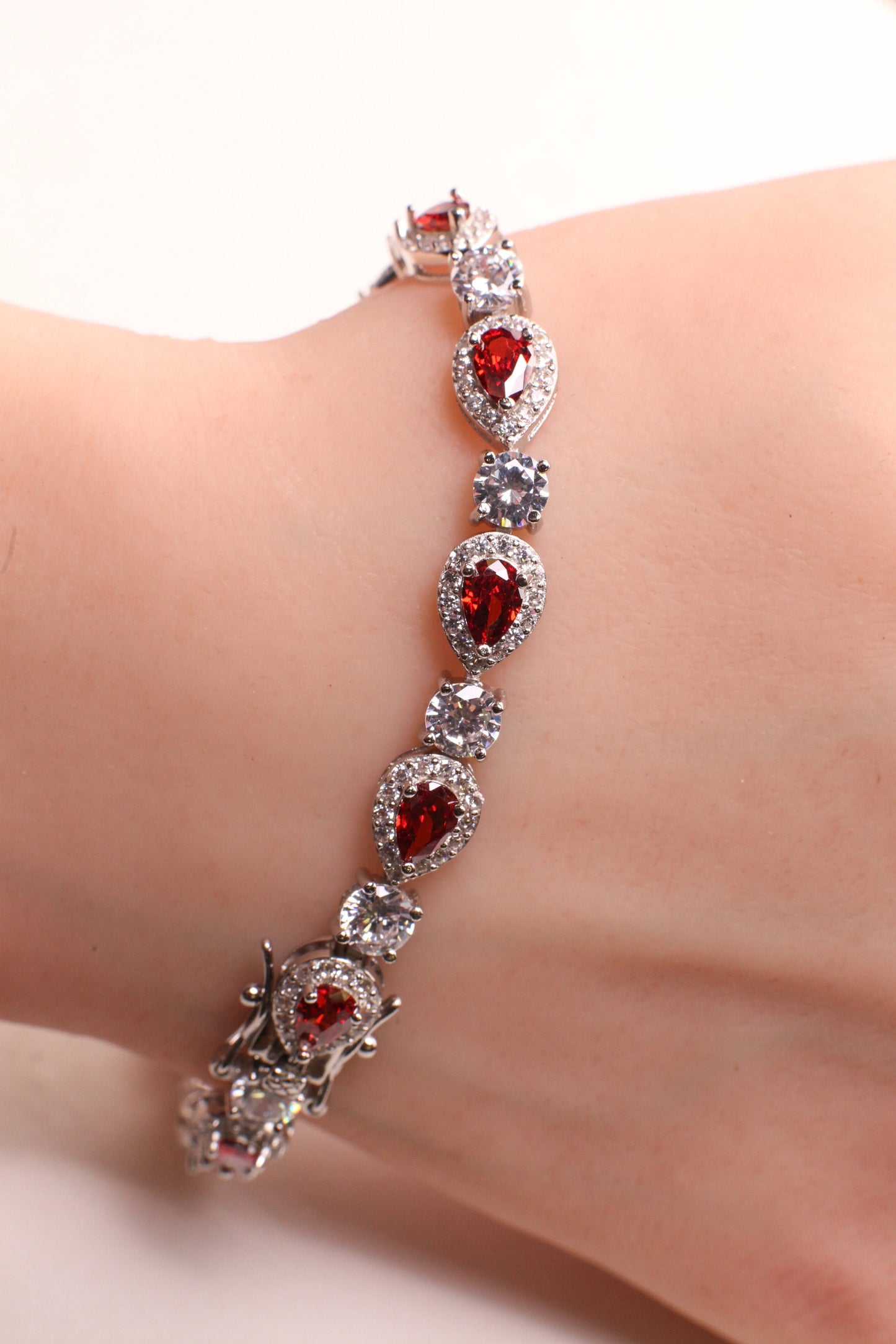 Garnet Teardrop shape Prong Setting CZ Diamond 925 Sterling Silver Tennis Bracelet with double Safety Lock 7.5"