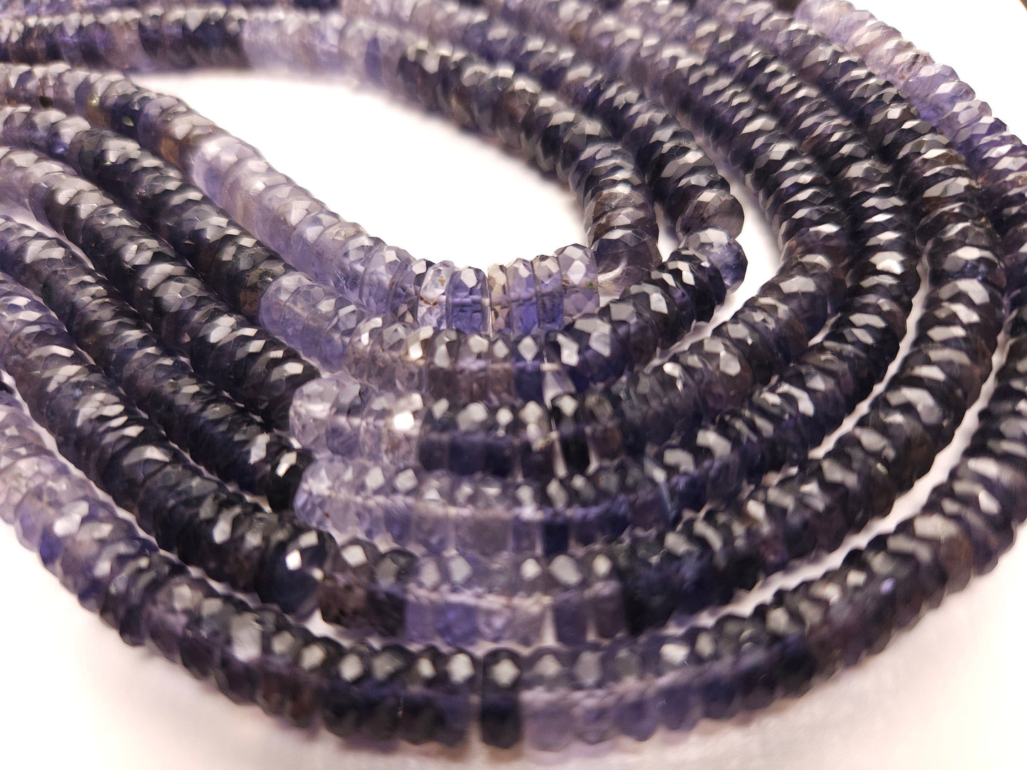 Natural Iolite Micro Faceted heishi wheel tyre beads, shaded denim blue beautiful Rare Gemstone 6.5-8mm Jewelry making beads 7”,14”