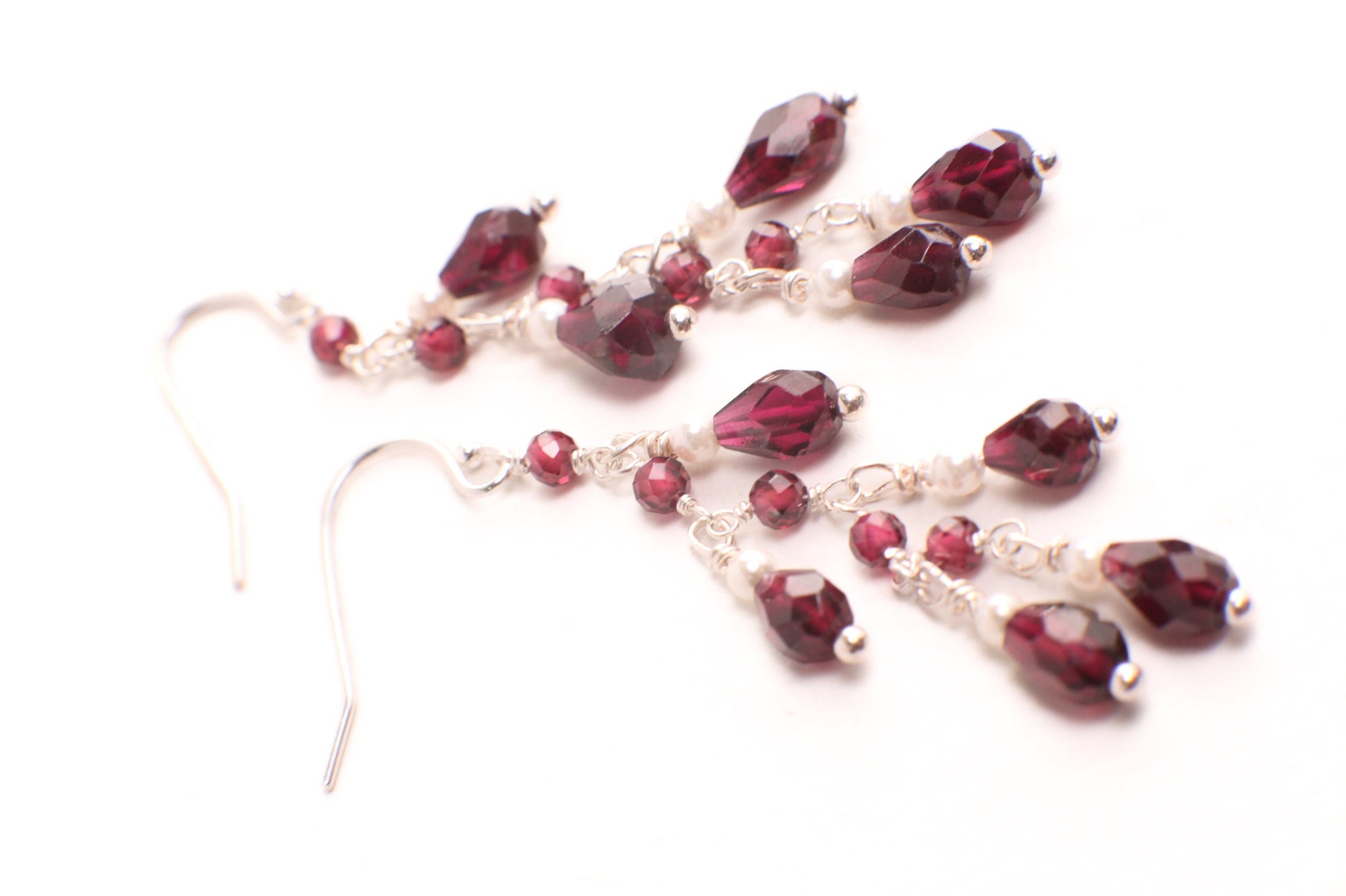 Genuine Garnet Faceted Dangling Teardrop Wire Wrapped Pearl Spacers Earrings, 925 Sterling Silver, Valentine, Bridesmaid, Gift For Her