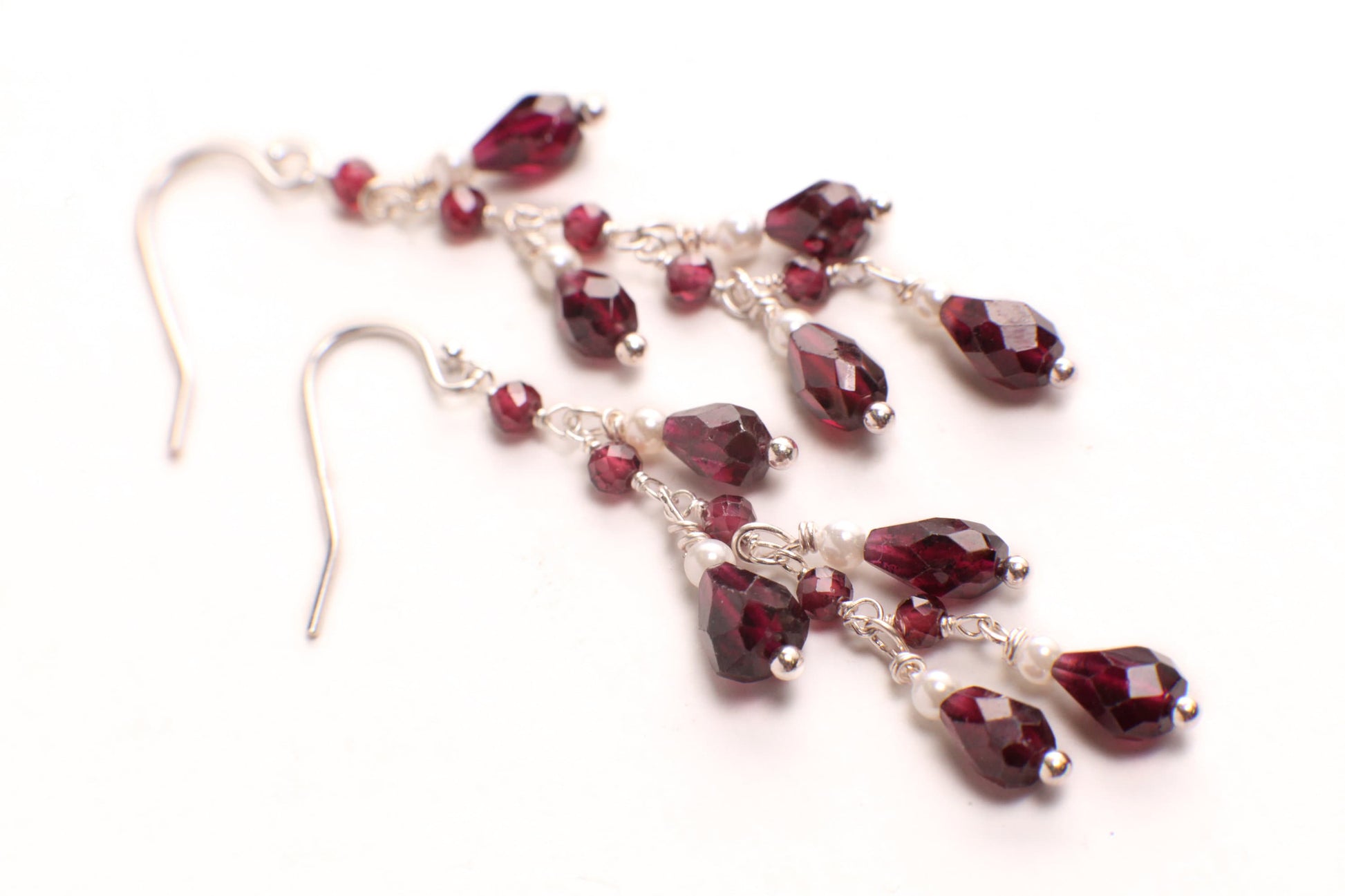Genuine Garnet Faceted Dangling Teardrop Wire Wrapped Pearl Spacers Earrings, 925 Sterling Silver, Valentine, Bridesmaid, Gift For Her