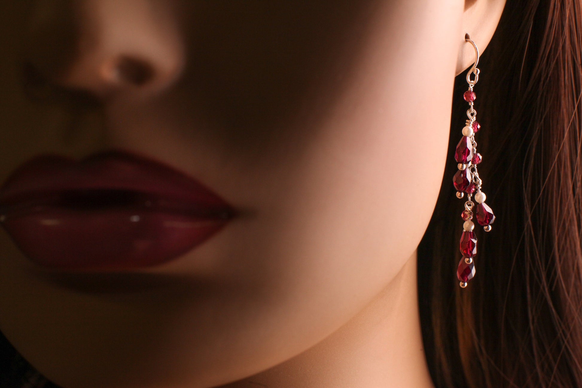 Genuine Garnet Faceted Dangling Teardrop Wire Wrapped Pearl Spacers Earrings, 925 Sterling Silver, Valentine, Bridesmaid, Gift For Her