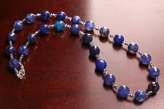 Faceted Fire Agate Natural Blue Round Bead Gemstones Necklace Silver spacer and clasp with optional 2" Extender