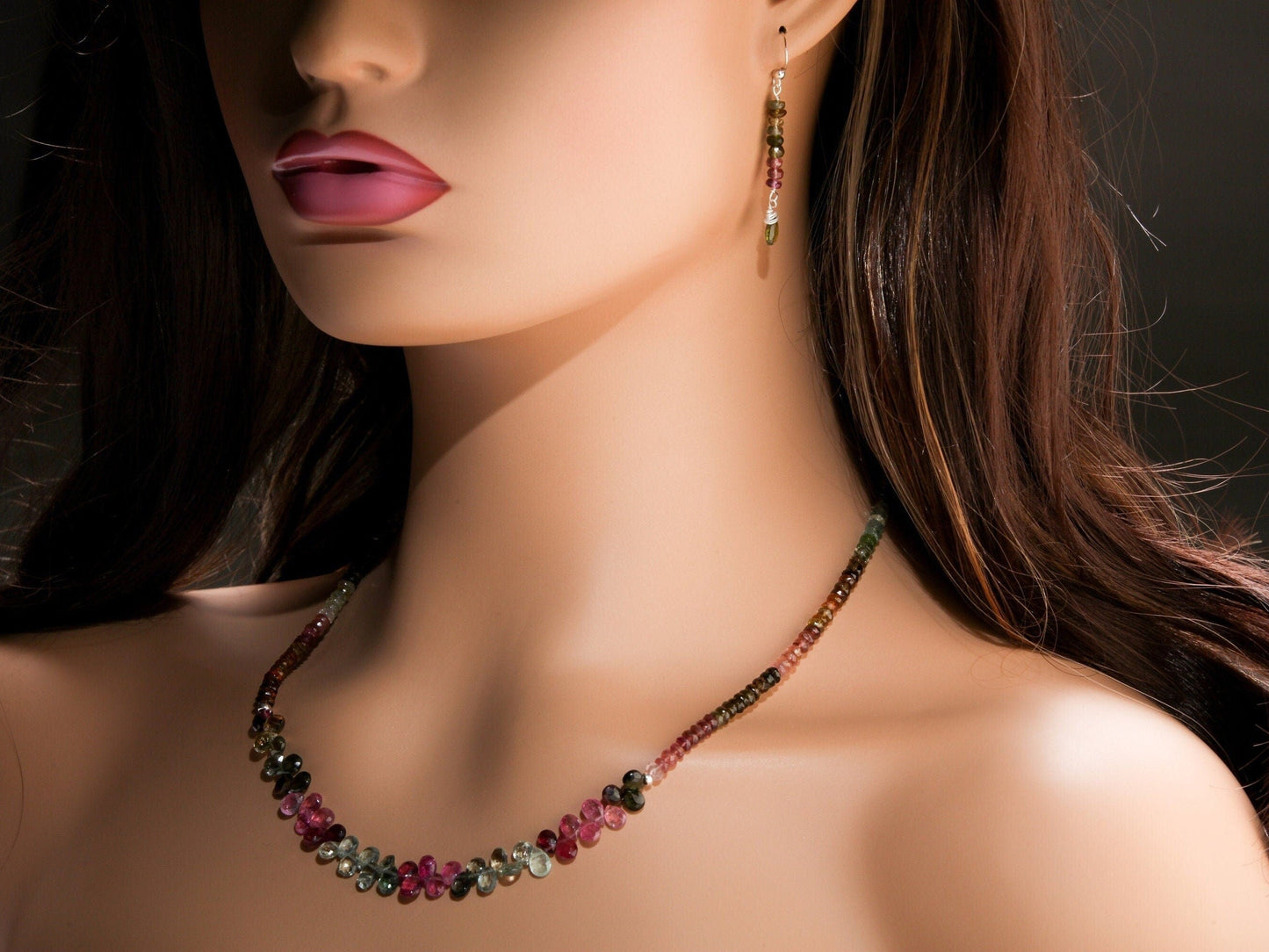 Natural Multi Watermelon Tourmaline AAA Faceted Teardrop, Roundel gemstone Necklace matching Earrings Jewelry set in 925 Sterling