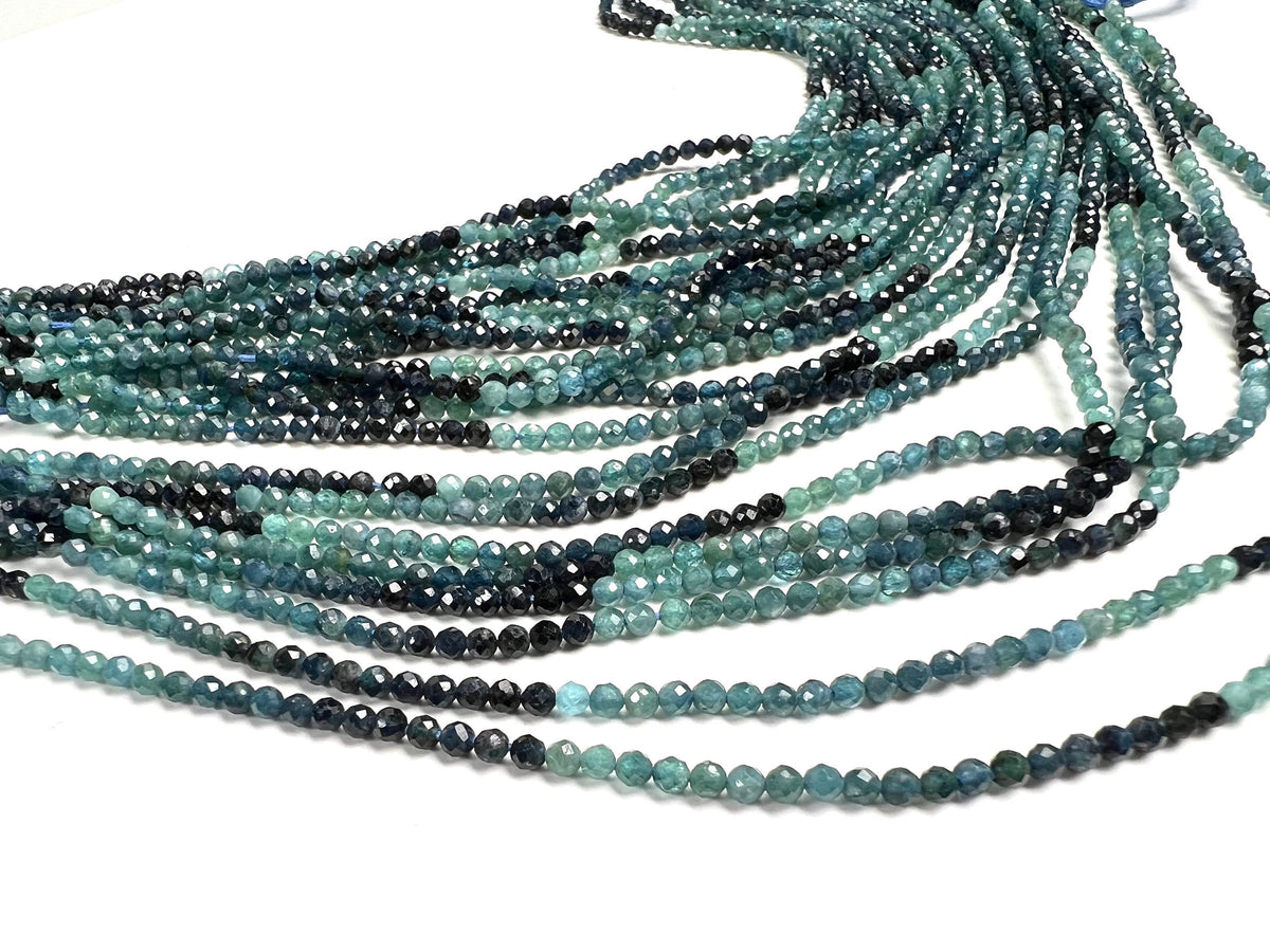 Natural Blue Tourmaline 2.5mm Faceted Round 12" Strand bead, beautiful teal blue shaded blue tourmaline jewelry making bead.