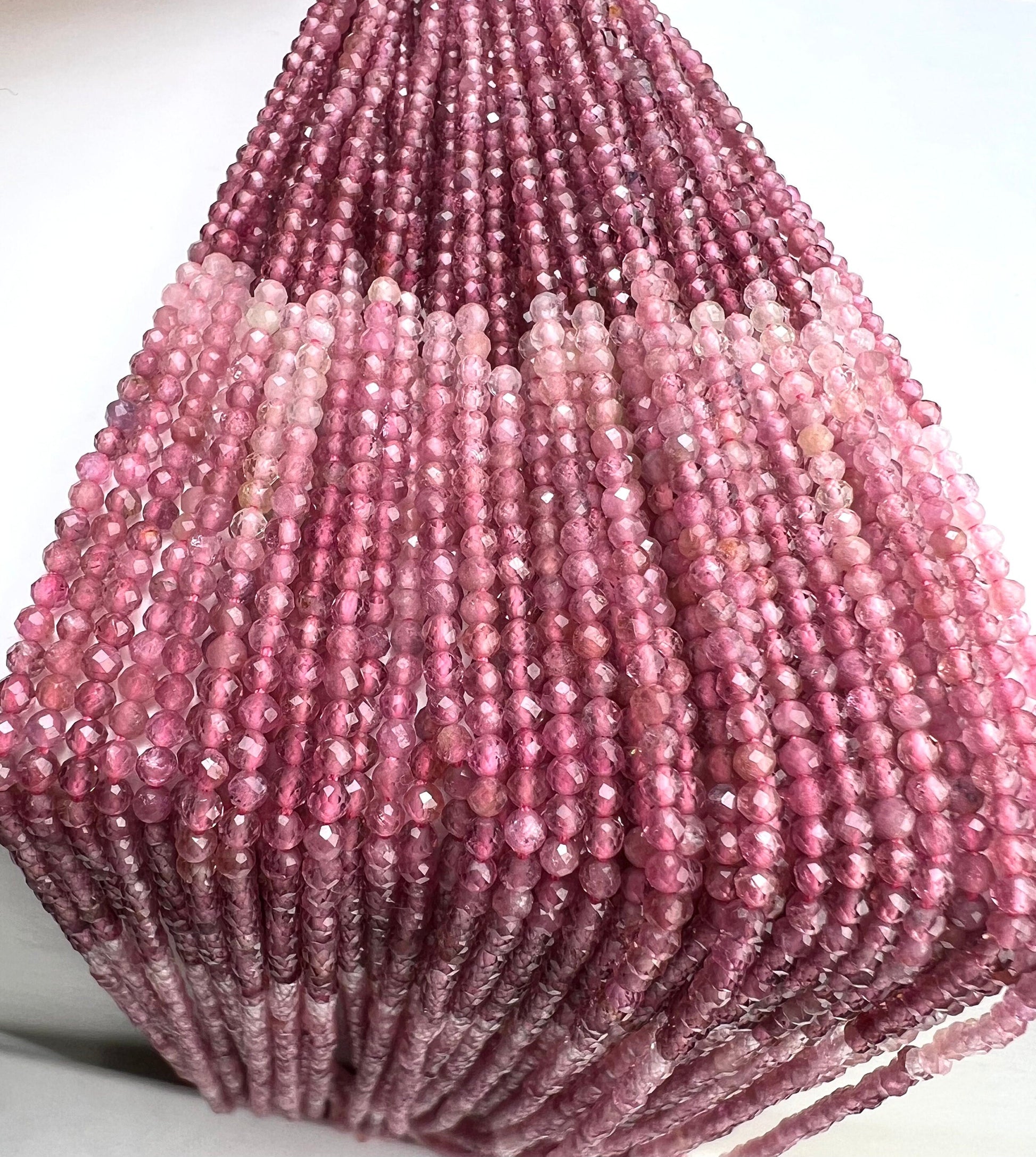 Natural Pink Tourmaline 2.5mm ombré pink shaded Faceted Diamond Micro Cut Round 12.” Strand