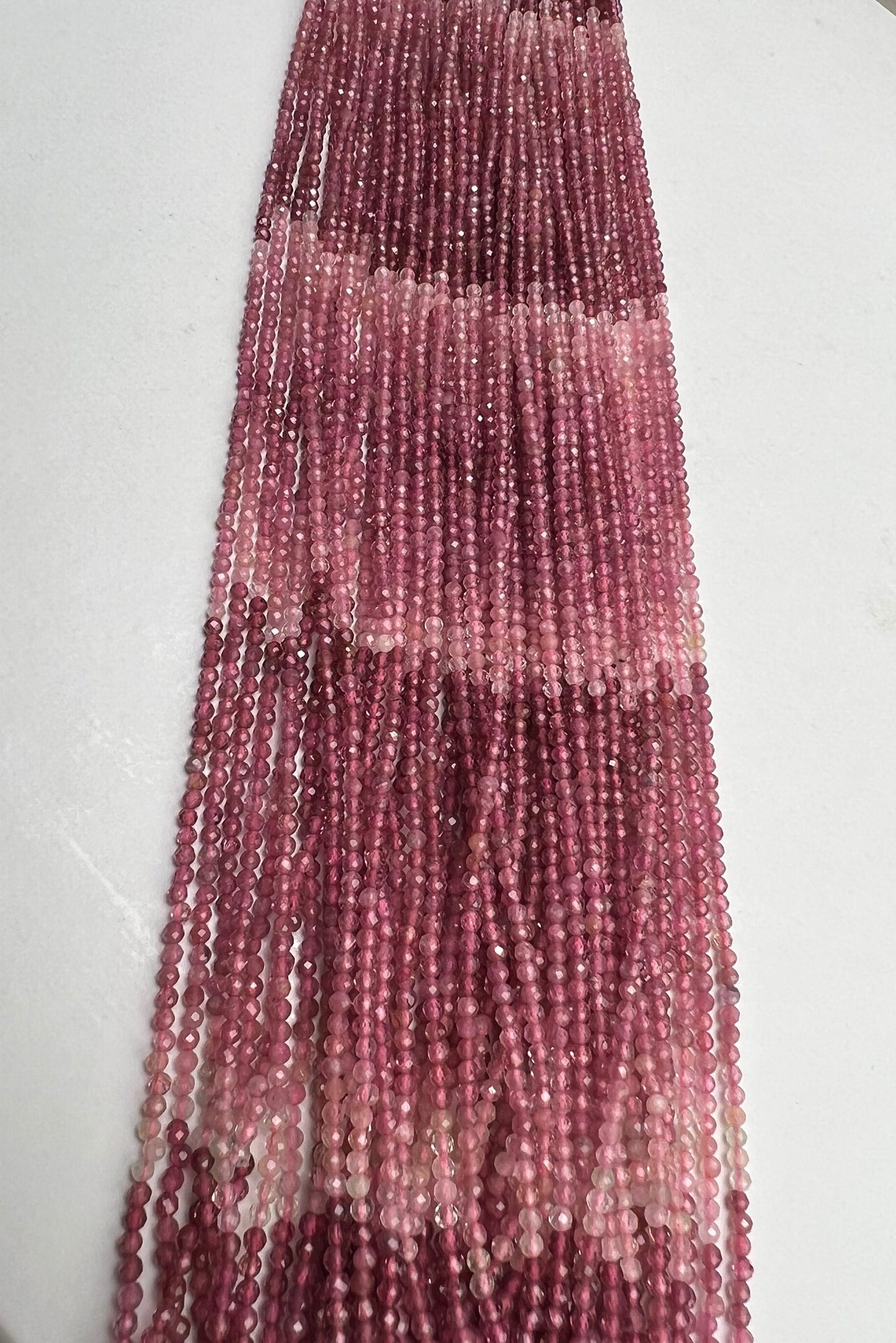 Natural Pink Tourmaline 2.5mm ombré pink shaded Faceted Diamond Micro Cut Round 12.” Strand