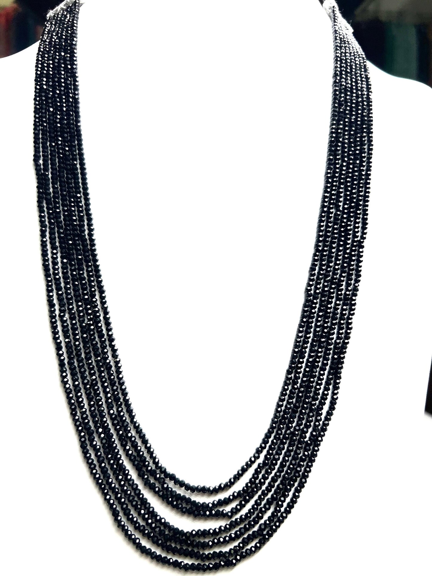 Genuine Black Spinel 7 line necklace, 3mm micro faceted Gemstone 7 line with adjustable thread necklace.