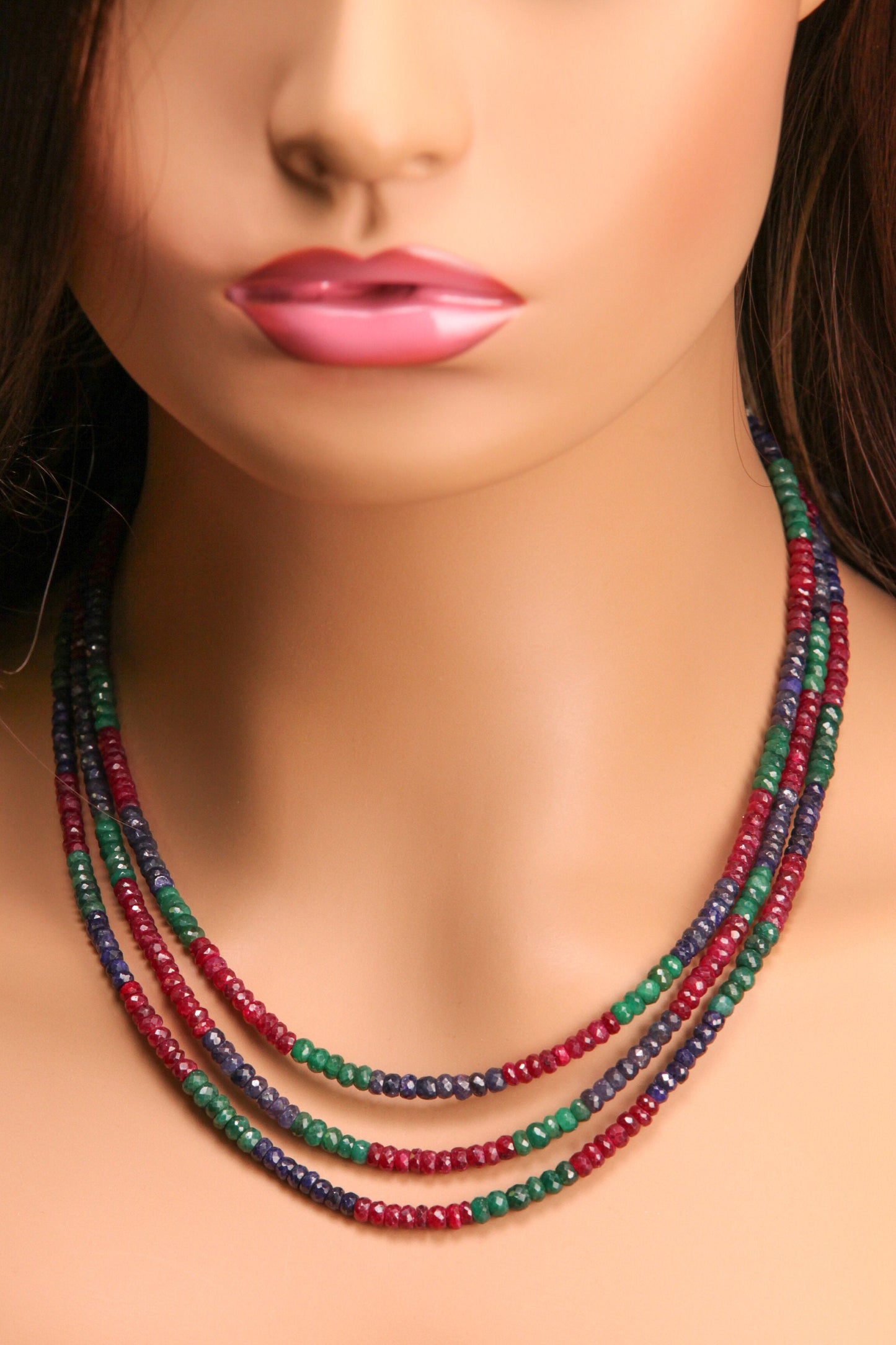 Ruby Sapphire Emerald 3 Line Necklace 4.5-5mm 17" Necklace with 3" Rhodium Lobster Extender Clasp Extender 315cts