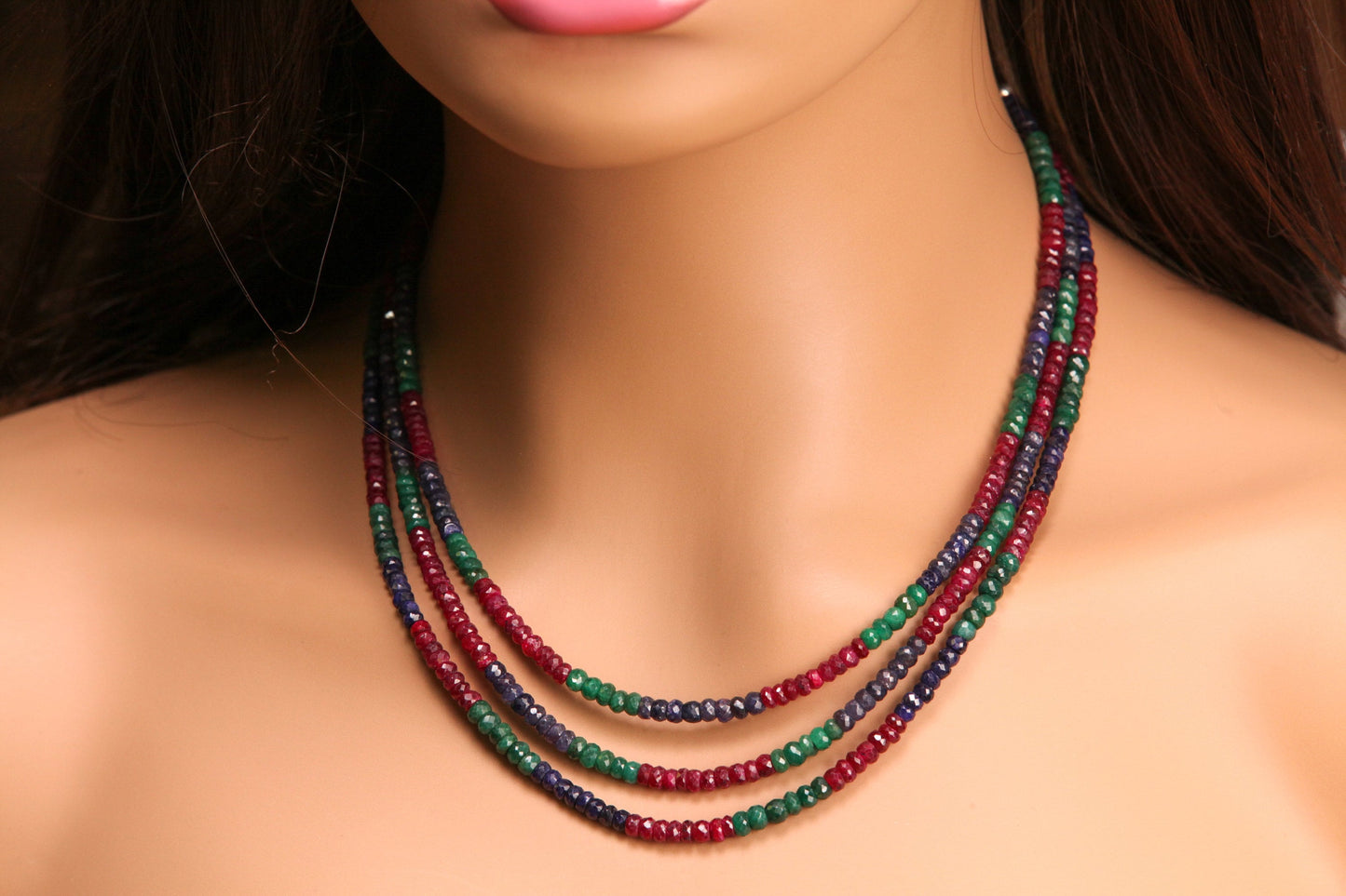 Ruby Sapphire Emerald 3 Line Necklace 4.5-5mm 17" Necklace with 3" Rhodium Lobster Extender Clasp Extender 315cts