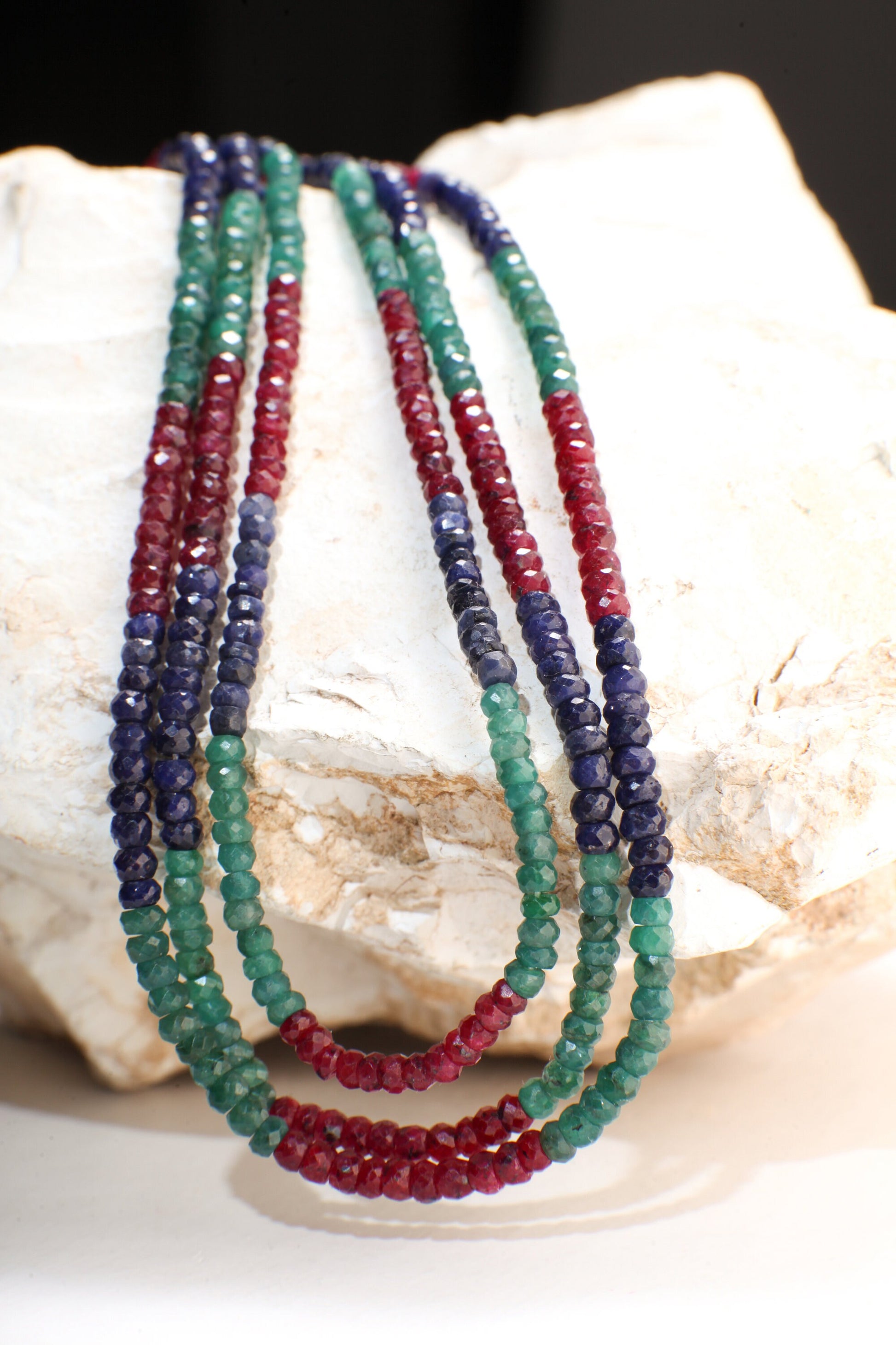 Ruby Sapphire Emerald 3 Line Necklace 4.5-5mm 17" plus 9" Adjustable thread Necklace