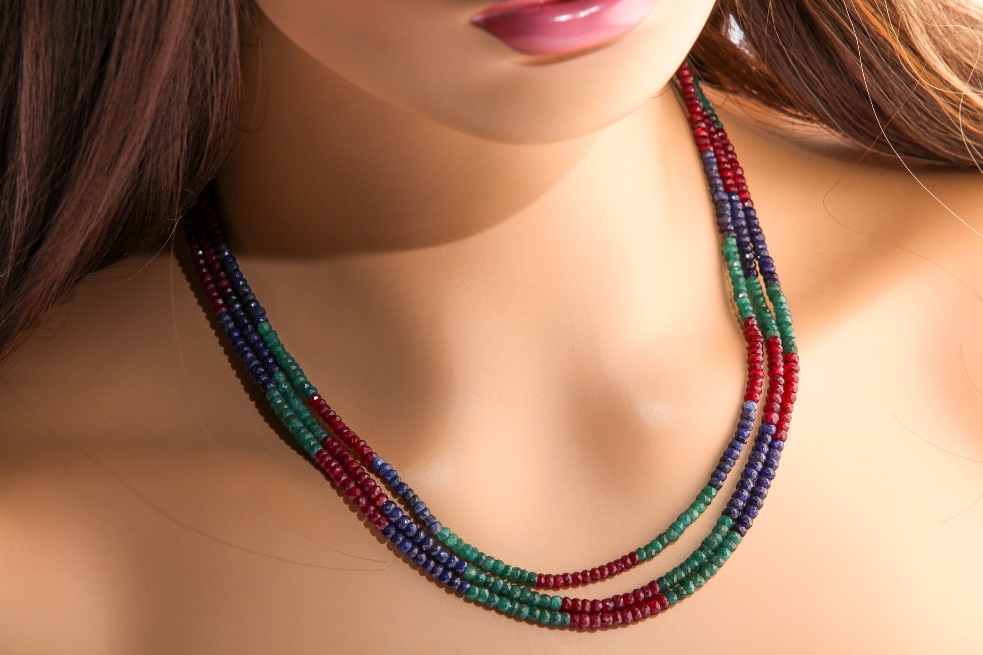 Ruby Sapphire Emerald 3 Line Necklace 4.5-5mm 17" plus 9" Adjustable thread Necklace