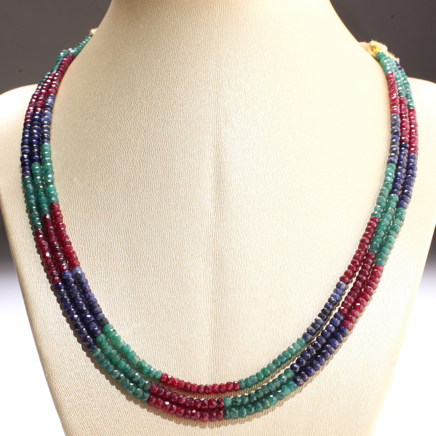 Ruby Sapphire Emerald 3 Line Necklace 4.5-5mm 17" plus 9" Adjustable thread Necklace