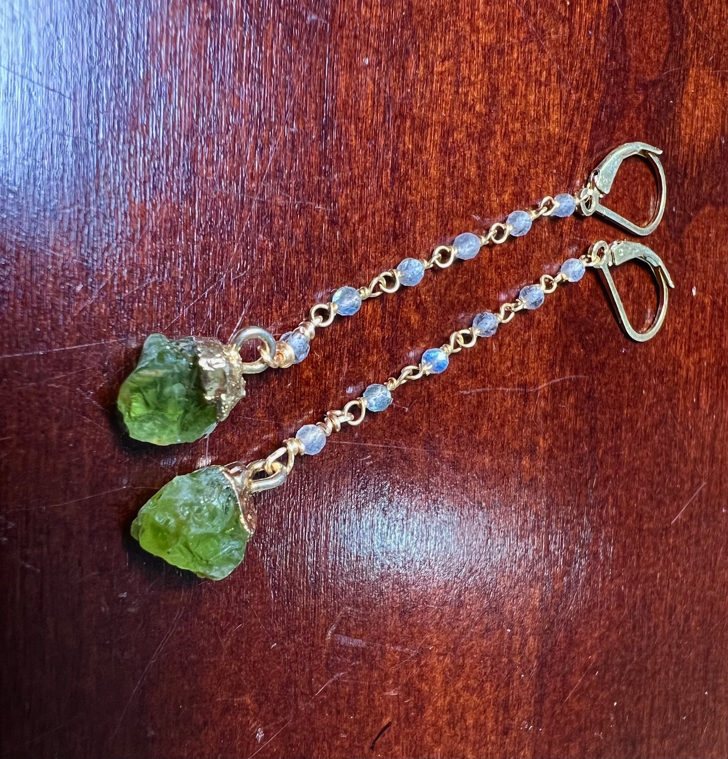 Raw Peridot 8mm dangling with labradorite faceted wire wrapped chain ,Long Earrings, 22k gold vermeil Gifts raw healing crystal
