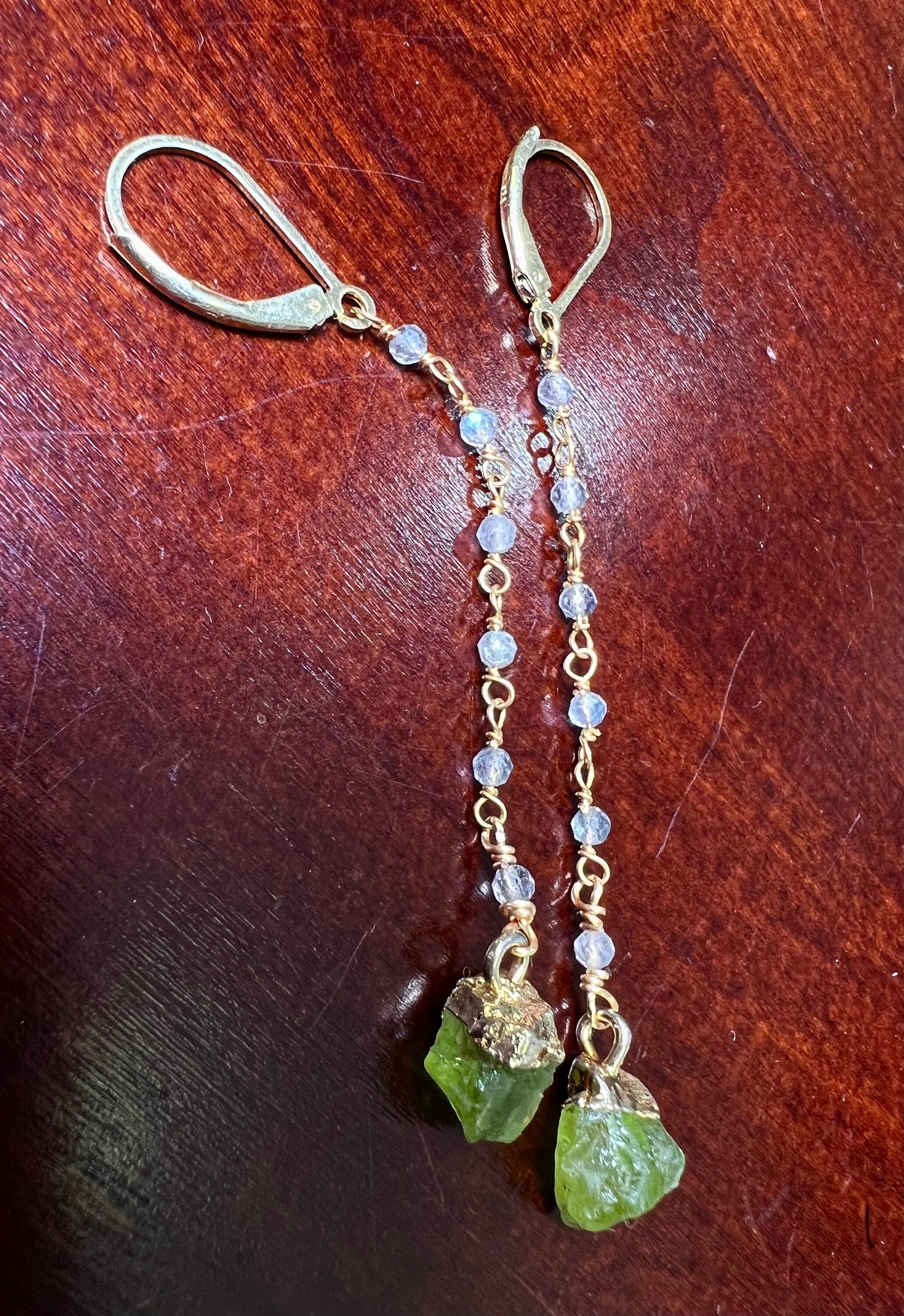 Raw Peridot 8mm dangling with labradorite faceted wire wrapped chain ,Long Earrings, 22k gold vermeil Gifts raw healing crystal