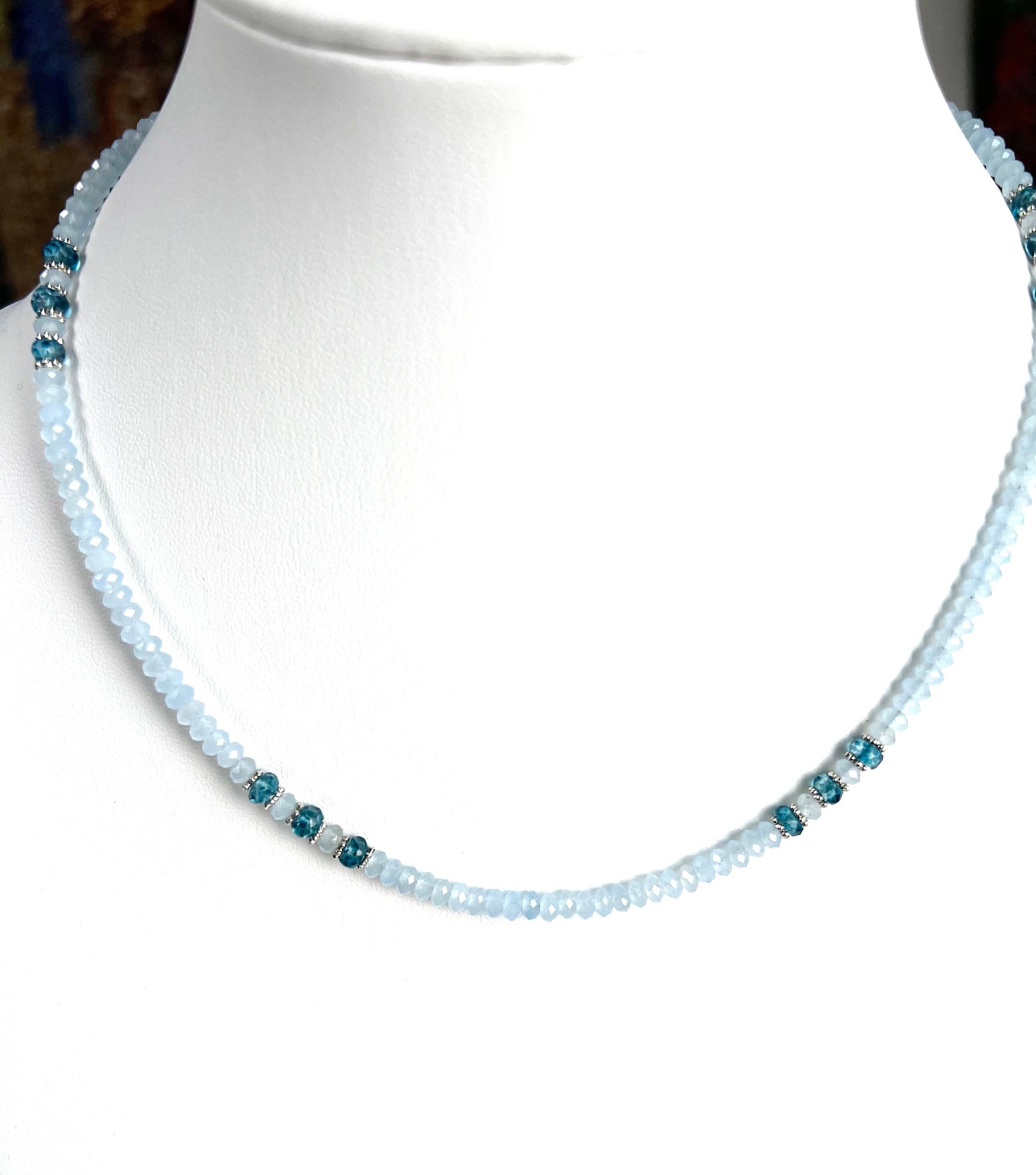 Aquamarine milky micro faceted 4mm German cut spacer London Blue Topaz roundel Bali Daisy 925 Sterling Silver handmade necklace Gift