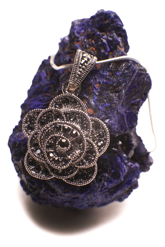 Vintage Marcasite 925 Sterling Silver Rose Pendant 20mm with 925 Sterling Silver Snake Chain necklace