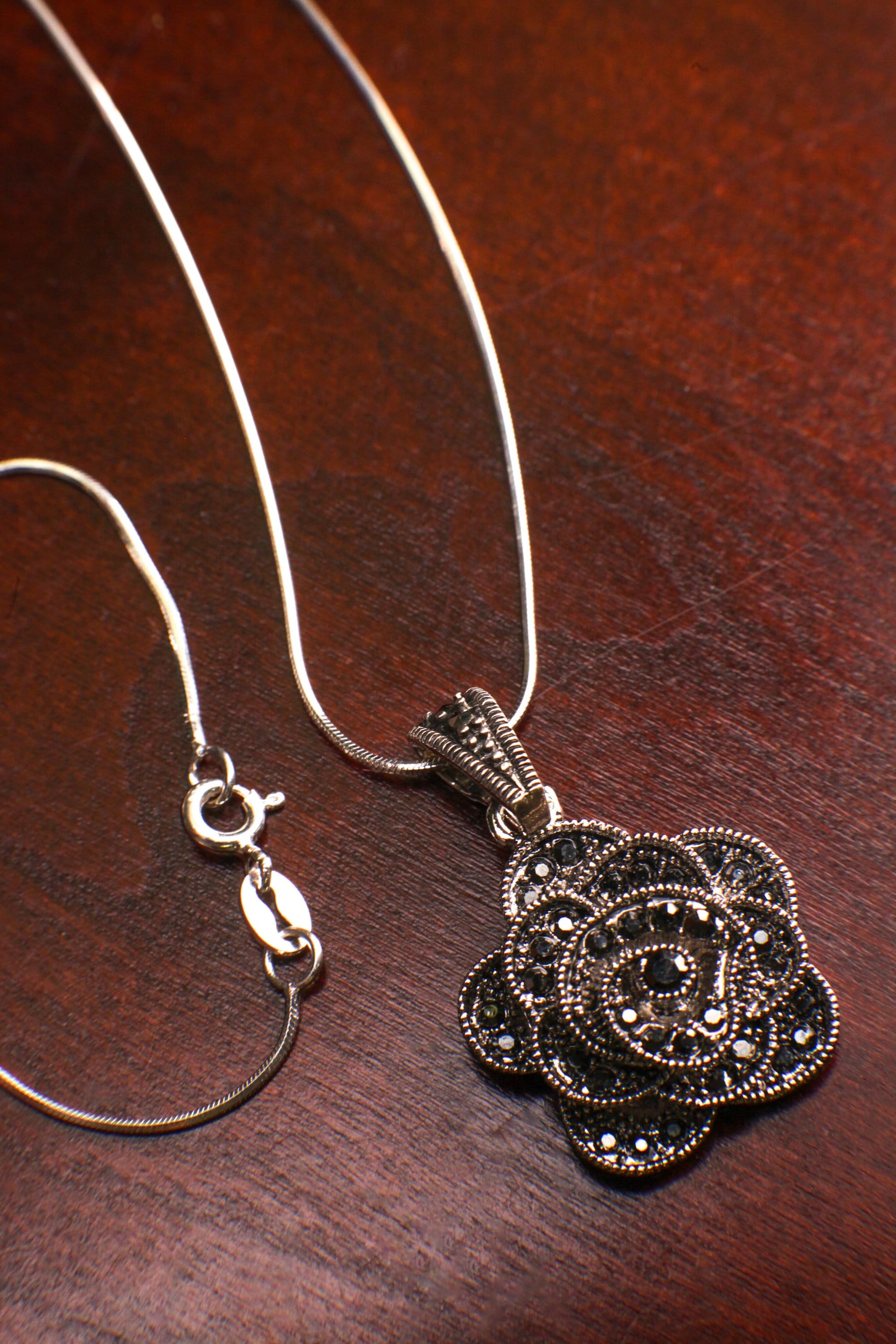 Vintage Marcasite 925 Sterling Silver Rose Pendant 20mm with 925 Sterling Silver Snake Chain necklace