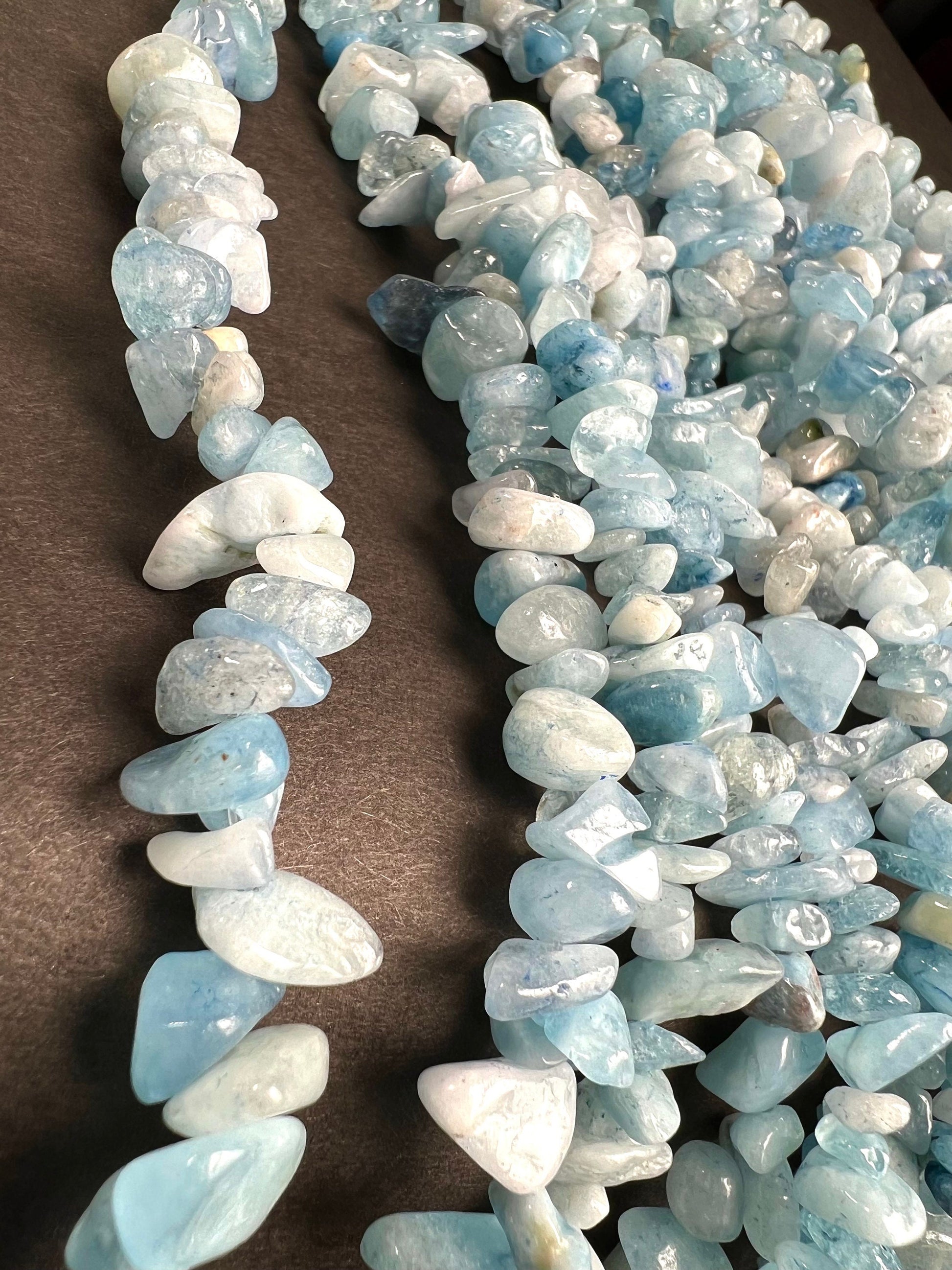Aquamarine raw Freeform smooth nugget chip 4-8mm bead. 15” strand natural gemstone