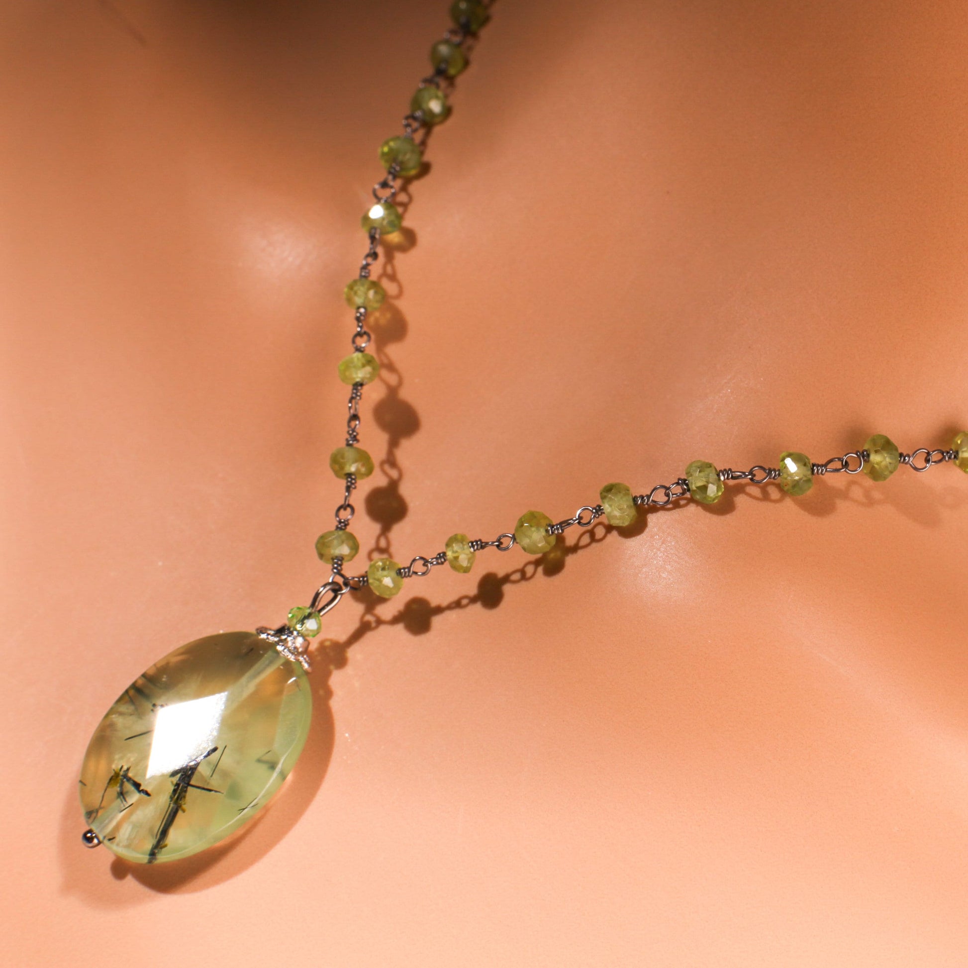 Genuine Prehnite Faceted Oval Pendant 18x26mm, Peridot 4mm Faceted Wire Wrapped Oxidized Silver Rosary Chain Handmade Necklace, 16"- 30"