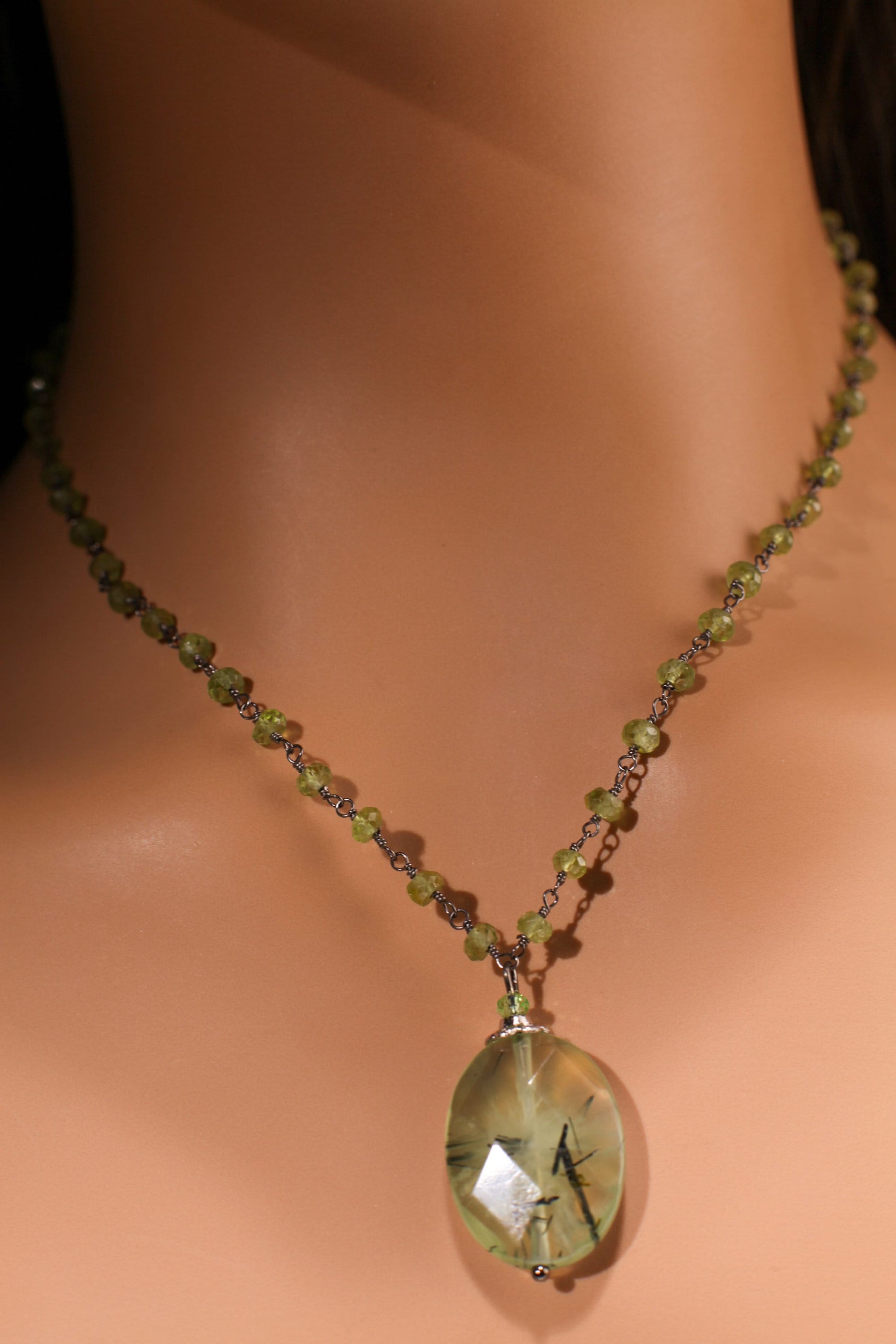 Genuine Prehnite Faceted Oval Pendant 18x26mm, Peridot 4mm Faceted Wire Wrapped Oxidized Silver Rosary Chain Handmade Necklace, 16"- 30"