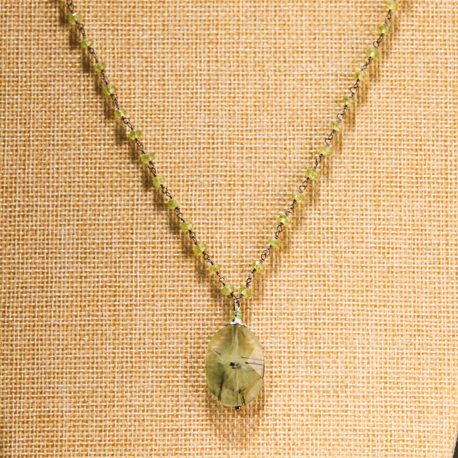 Genuine Prehnite Faceted Oval Pendant 18x26mm, Peridot 4mm Faceted Wire Wrapped Oxidized Silver Rosary Chain Handmade Necklace, 16"- 30"